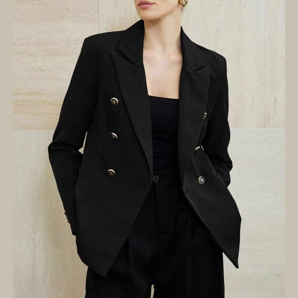 Black Double Breasted Gold Button Peak Lapel Boxy Fit Blazer